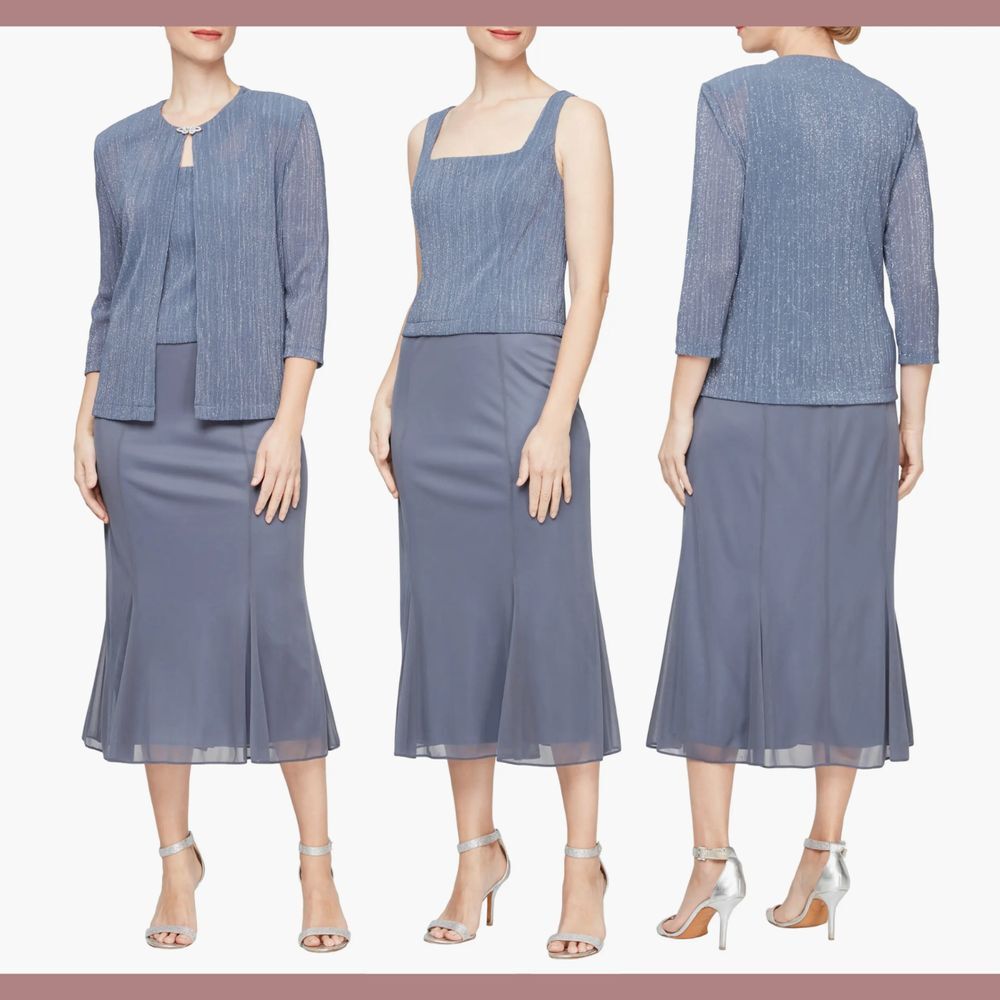 NWT Alex Evenings [ 12 ] Glitter Pleated Two-Piece Midi Dress with Jacket‎ Steel